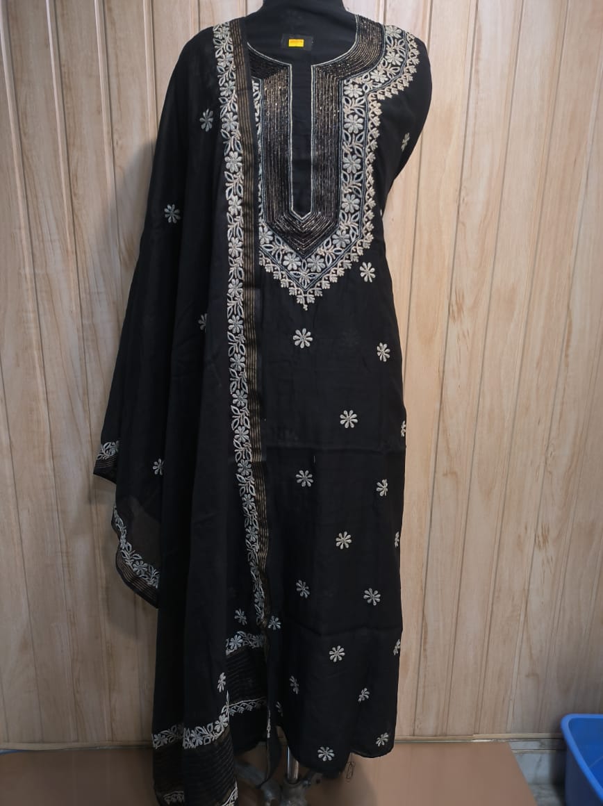 Chanderi Silk, Black Shade with Black Pearls, Aari Work in Copper Shade - Image 2