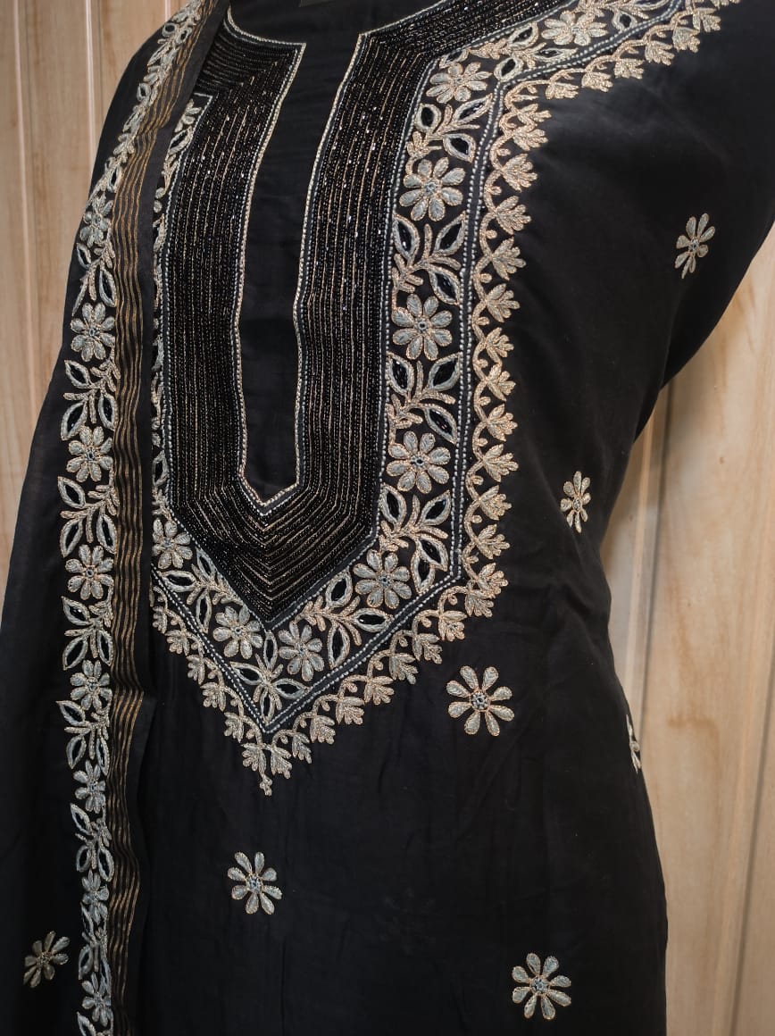 Chanderi Silk, Black Shade with Black Pearls, Aari Work in Copper Shade - Image 3