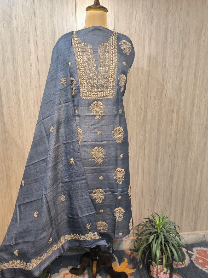Desi Tussar Silk! Fine Chikankari N Glaze Cotton Bottom - Image 2