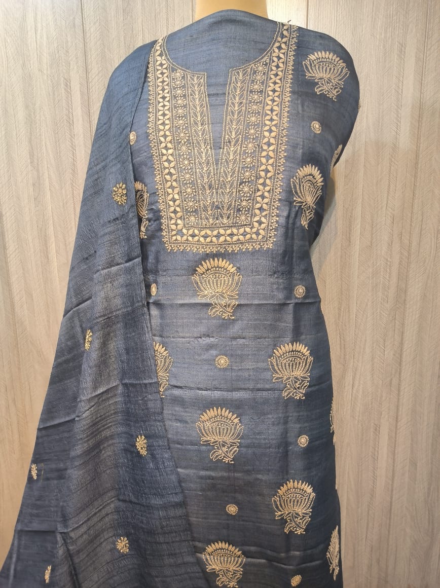 Desi Tussar Silk! Fine Chikankari N Glaze Cotton Bottom - Image 3