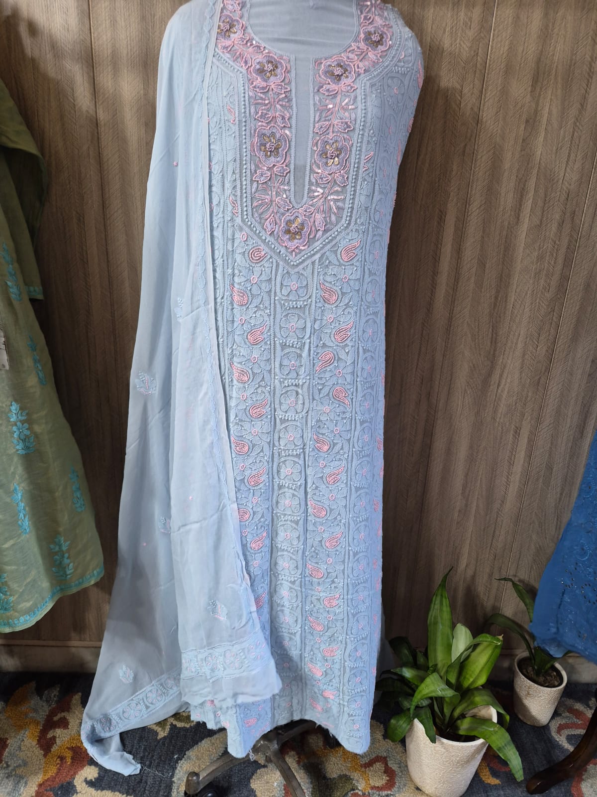 Viscose Georgette with Parsi Gara Neckline n Pearl Work - Image 2