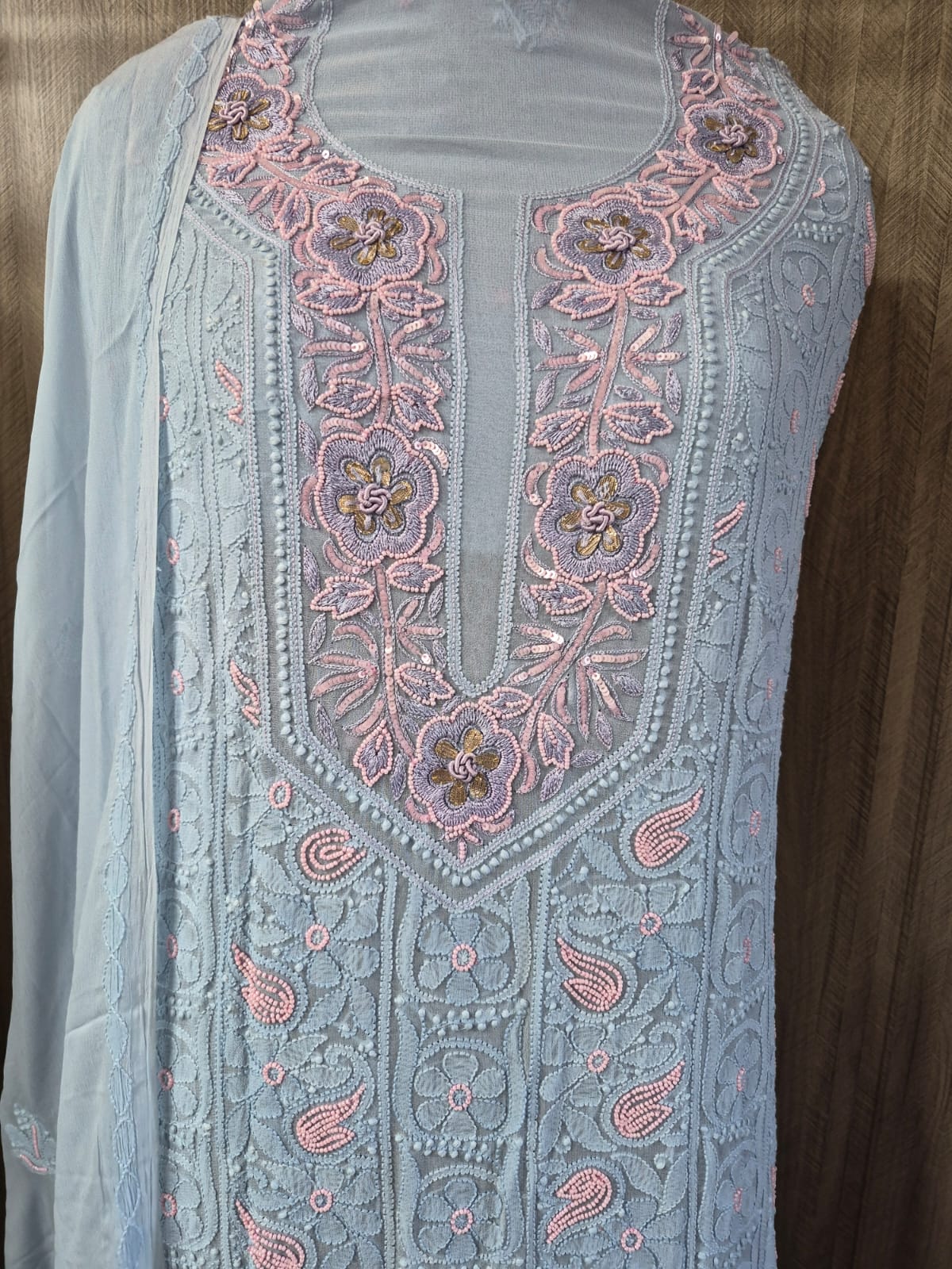 Viscose Georgette with Parsi Gara Neckline n Pearl Work - Image 3